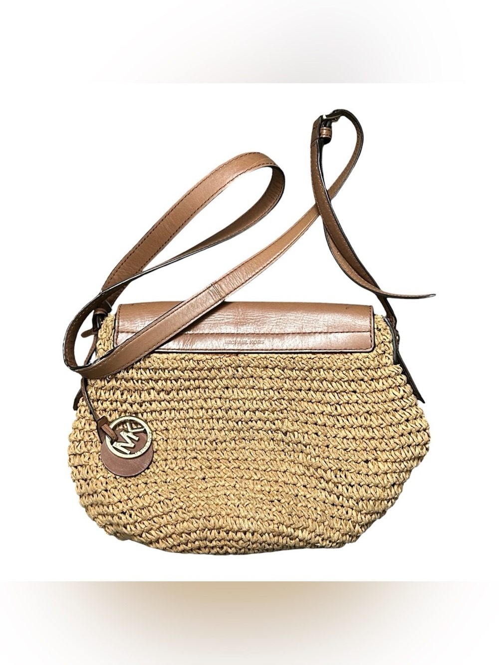Michael Kors Woven Straw Crossbody Bag with Leather Accents Magnetic Clasp